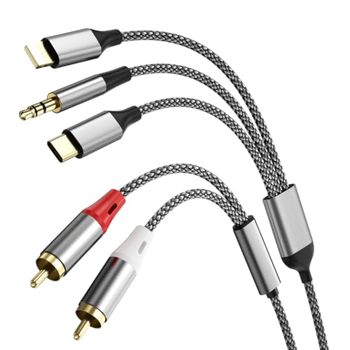 3-in-1 RCA-Audiokabel, verwendet für Ligh-tning zu RCA-Kabeladapter, USB C zu 2 RCA-Kabel, 3.5mm AUX-Audiokabel, verwendet für Leistungsverstärker, Auto, Heimkino, Lautsprecher, TV (1.3M/7.55FT) von Liaoan Weiyu