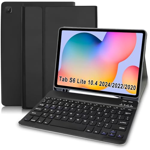 Samsung Tab S6 Lite Hülle mit Tastatur (Deutsches QWERTZ), Samsung Galaxy Tab S6 Lite Hülle mit Pencil Halter & Abnehmbarer Tastatur für Galaxy Tab S6 Lite 10.4” (SM-P610/P615/P613/P619),Schwarz von Lielax