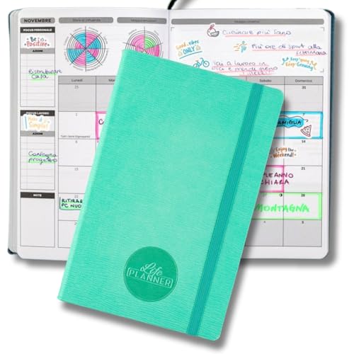 Life Planner Motivationsplaner, hergestellt in Italien, Kalender 12 Monate, von Januar bis Dezember 2025, wöchentlicher und monatlicher Planer, Platz für Gedanken und Reflexionen (Wasser, groß) von Life Planner Plan It, Do It!