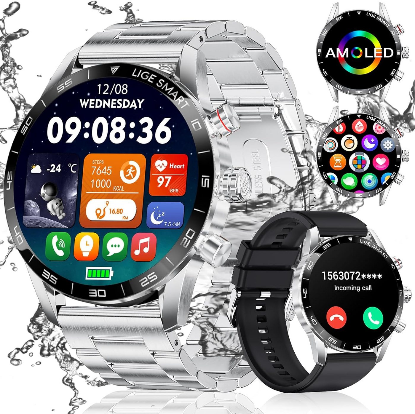 Lige Smartwatch (1,32 Zoll, Android iOS), Herren mit Telefonfunktion HD Fitnessuhr mit Bluetooth Anrufe SpO2 Uhr von Lige