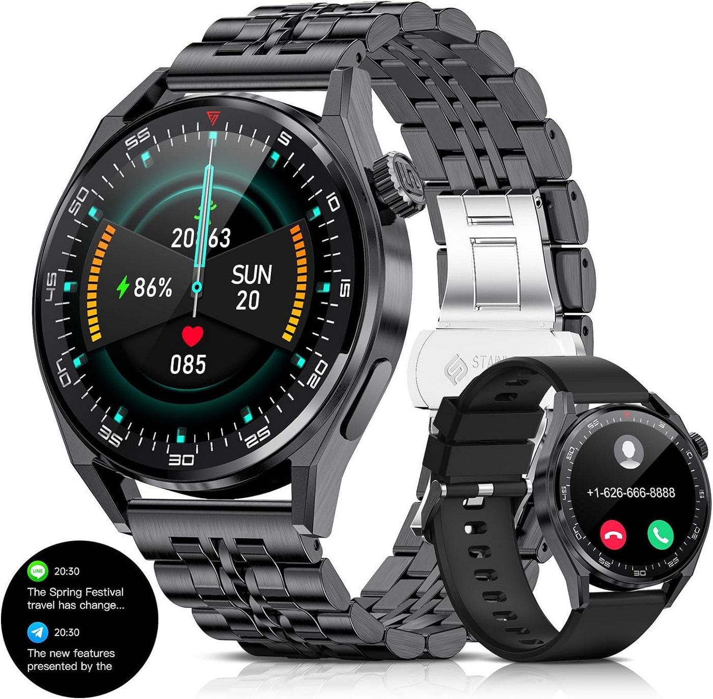 Lige Smartwatch (1,39 Zoll, Android, iOS), mit Telefonfunktion Schlafmonitor, Message Reminder, IP68 wasserdichte von Lige