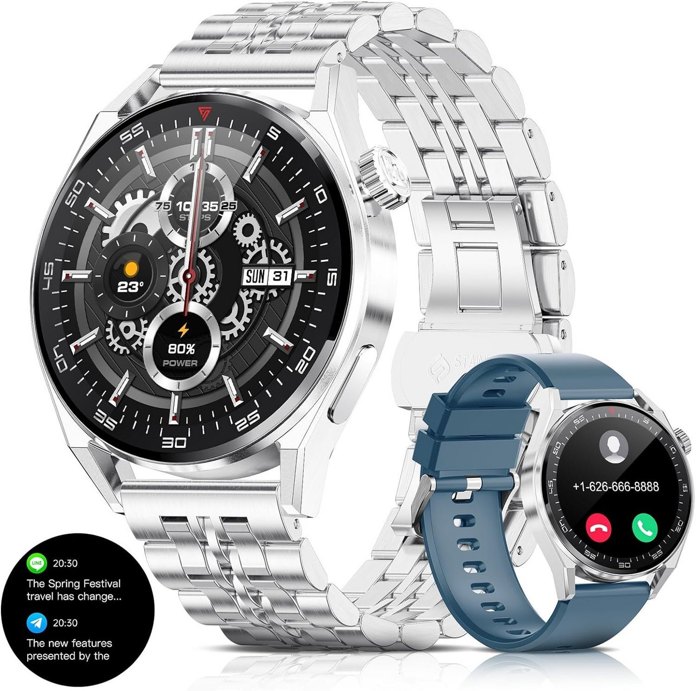 Lige Smartwatch (1,39 Zoll, Android, iOS), mit Telefonfunktion Schlafmonitor, Message Reminder, IP68 wasserdichte von Lige