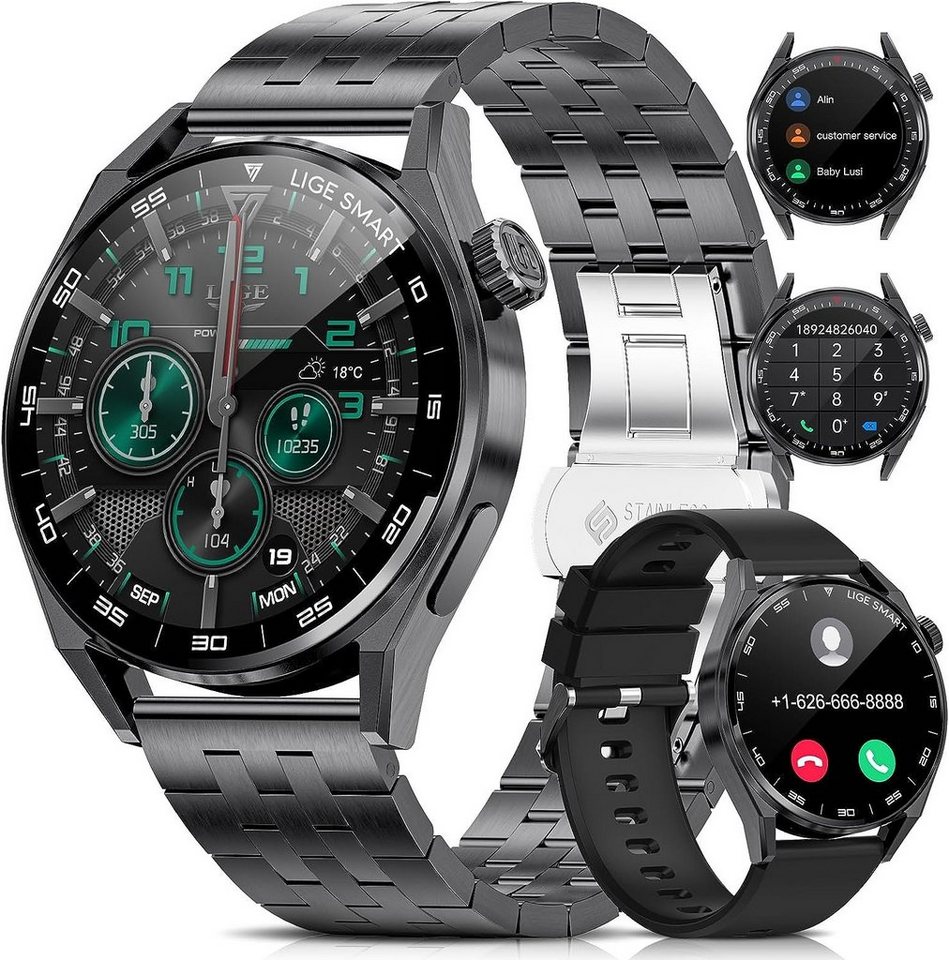 Lige Smartwatch (1,39 Zoll, iOS Android), Für Herren mit Telefonfunktion Fitnessuhr 360Amh Wasserdicht Sportuhr von Lige