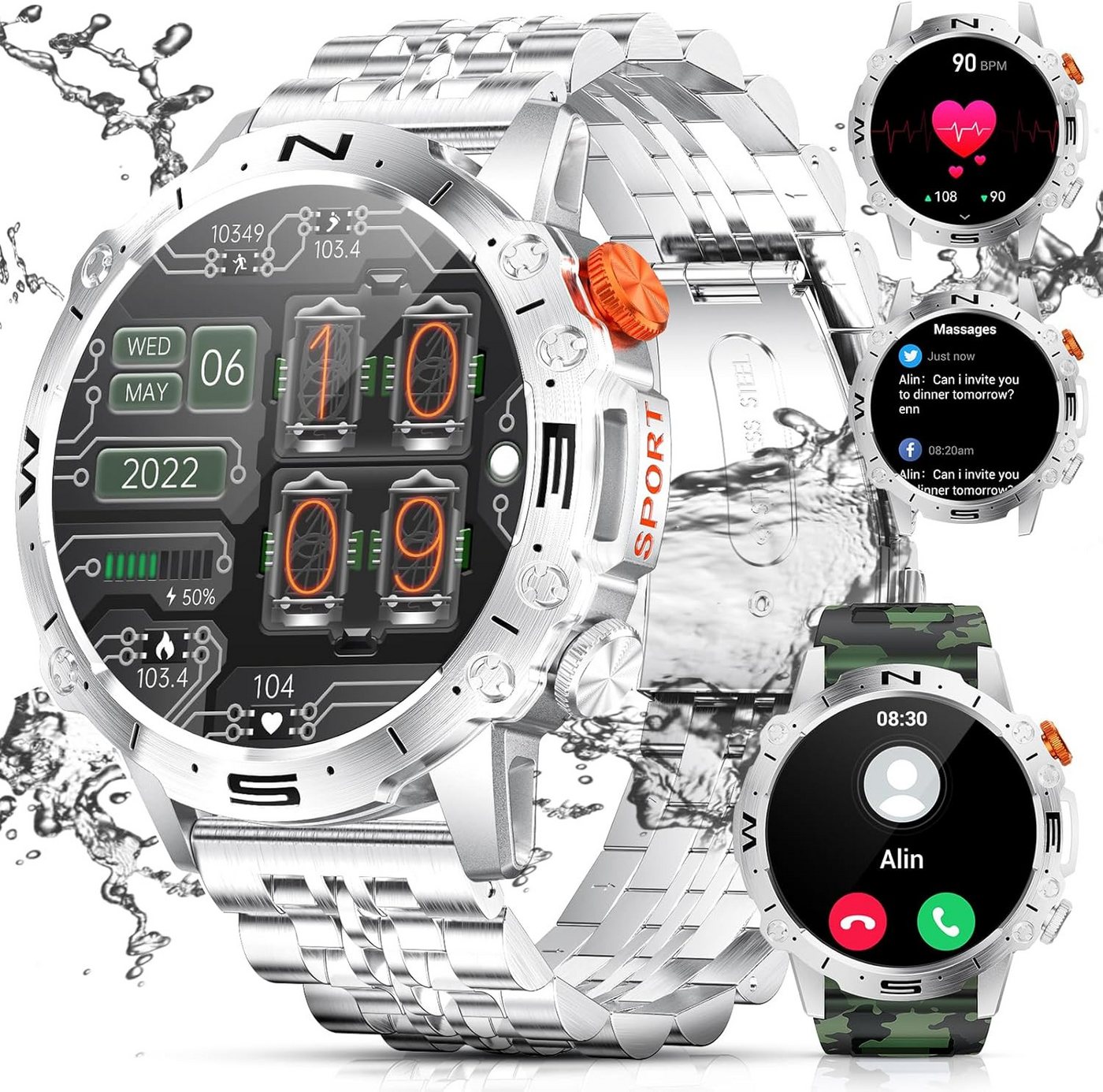 Lige Smartwatch (1,43 Zoll, Android, iOS), Herren mit AMOLED Touchscreen,100+Sportmodi, Pulsmesser Schlafmonitor von Lige