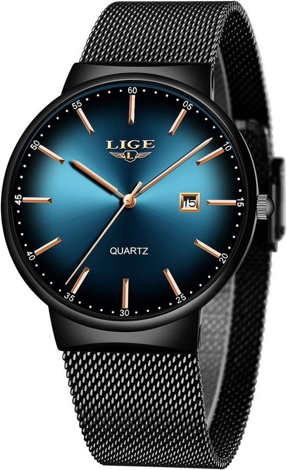 Lige Watch (1,65 Zoll), Herren-Armbanduhr dünn wasserdicht Edelstahl Mesh minimalistisch von Lige
