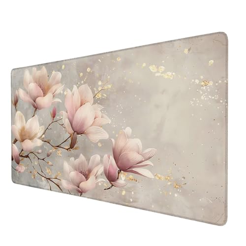 Schreibtischunterlage, Blumen Mauspad XXL 100 x 50 cm, Erweitertes Gaming-Mauspad mit Genähten Kanten, Rutschfeste Wasserdichte Gummiunterseite Mauspad Magnolie, für Büro, Zuhause, Schreibtisch Q-4 von Lijahoo