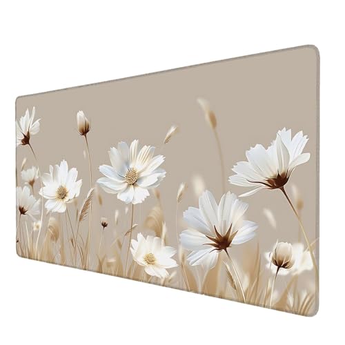 Schreibtischunterlage, Blumen Mauspad XXL 90 x 40 cm, Erweitertes Gaming-Mauspad mit Genähten Kanten, Rutschfeste Wasserdichte Gummiunterseite Mauspad Weiß, für Büro, Zuhause, Schreibtischdekor O-5 von Lijahoo