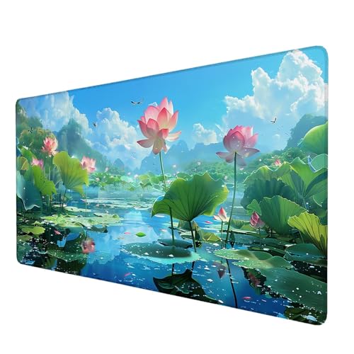 Schreibtischunterlage, Lotus Mauspad XXL 150 x 60 cm, Erweitertes Gaming-Mauspad mit Genähten Kanten, Rutschfeste Wasserdichte Gummiunterseite Mauspad Sommer, für Büro, Zuhause, Schreibtischdekor Y-4 von Lijahoo