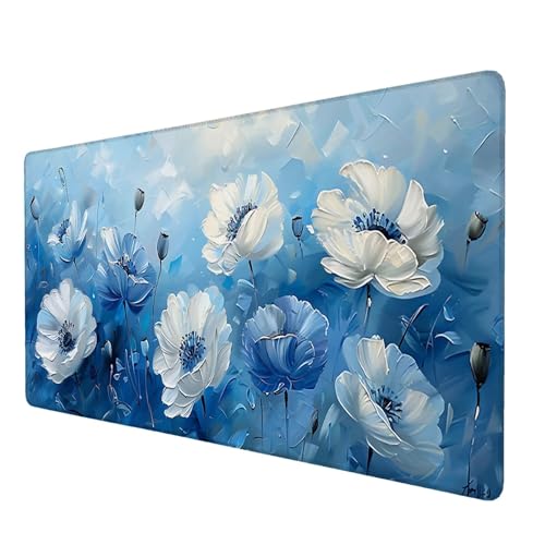 Schreibtischunterlage, Mohnblume Mauspad XXL 120 x 60 cm, Erweitertes Gaming-Mauspad mit Genähten Kanten, Rutschfeste Wasserdichte Gummiunterseite Mauspad Blau, für Büro, Zuhause, Schreibtisch N-5 von Lijahoo