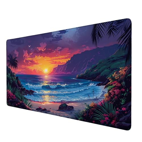 Schreibtischunterlage, Sonnenuntergang Mauspad XXL 80 x 30 cm, Erweitertes Gaming-Mauspad mit Genähten Kanten, Rutschfeste Wasserdichte Gummiunterseite Mauspad Strand, für Büro, Zuhause, Gaming W-0 von Lijahoo