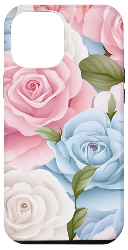 Hülle für iPhone 14 Plus Rosa Blau & Weiß Pastell Rosen Blumenmuster von LilyLane Florals