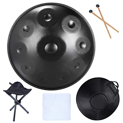 Handpan-Drum-Sets D-Moll 22 Zoll Stahl-Handtrommel mit weicher Handpan-Tasche, 2 Handpan-Schlägeln, Handpan-Ständer(10 Tones-Schwarz) von LingTing