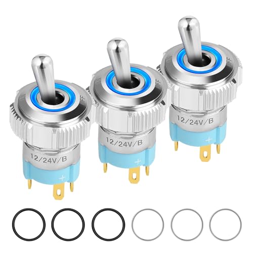 3 Stück LED Kippschalter 12V, [Verbessern] 16mm SPST EIN/AUS Großer Runder Wippschalter mit Blau Beleuchteter, IP67 Wasserdichtem Elektrischen Rastend Metall Switches für Auto KFZ LKW Boot von Linkstyle