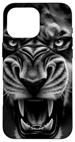 Hülle für iPhone 16 Pro Max Kräftiges, knurrendes Löwengesicht, auffälliges schwarz-weißes Design von Lion Art Designs for Animal Lovers