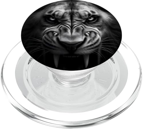 Knurrendes Löwengesicht, brüllend, schwarz-weiß PopSockets PopGrip für MagSafe von Lion Art Designs for Animal Lovers