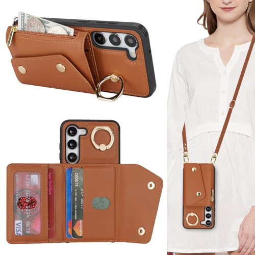 Lipvina Hülle für Samsung Galaxy S23 Hülle mit Band Kartenhalter handyhülle Hülle für Samsung Galaxy S23 mit Reißverschluss Band Ring Ständer Case für Frauen - Braun von Lipvina