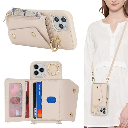 Lipvina Hülle für iPhone 11 Pro Hülle mit Band Kartenhalter handyhülle Hülle für iPhone 11 Pro mit Reißverschluss Band Ring Ständer Case für Frauen - weiß von Lipvina