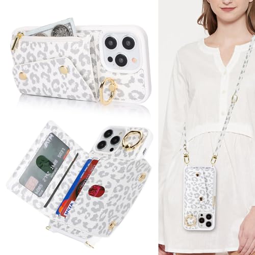 Lipvina Hülle für iPhone 13 Pro Hülle mit Band Kartenhalter handyhülle Hülle für iPhone 13 Pro mit Reißverschluss Band Ring Ständer Case für Frauen - Weiße Leoparden von Lipvina