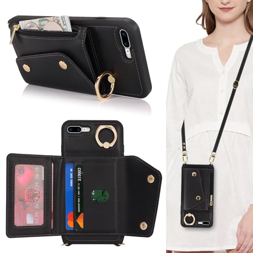 Lipvina Hülle für iPhone 7 Plus/8 Plus Hülle mit Band Kartenhalter handyhülle Hülle für iPhone 7 Plus/8 Plus mit Reißverschluss Band Ring Ständer Case für Frauen - Schwarz von Lipvina