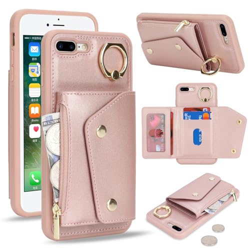 Lipvina für iPhone 7 Plus / 8 Plus Hülle mit Kartenhalter Handyhülle mit Schlüsselanhänger Hülle geldbörse Leder Reißverschluss für Herren und Damen - Roségold von Lipvina