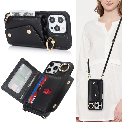 Lipvina Hülle für iPhone 15 Pro Max Hülle mit Band Kartenhalter handyhülle Hülle für iPhone 15 Pro Max mit Reißverschluss Band Ring Ständer Case für Frauen - Schwarz von Lipvina