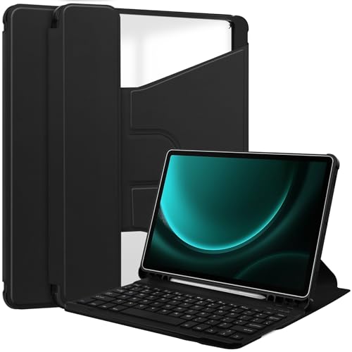 Lobwerk 3in1 Bluetooth Tastatur (Schwarz) + Maus (Schwarz) + Cover für Samsung Galaxy Tab S9+ Plus FE X610/X616 2023 12.4 Zoll Zoll Case Schutz Hülle Tasche Keyboard von Lobwerk