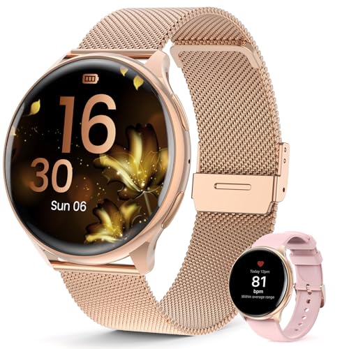 Loekneue 2024 Smartwatch Damen Rund mit Telefonfunktion 1,39'' HD Touchscreen Uhr mit /SpO2/Menstruationszyklus/Schlafmonitor/IP68 Wasserdichter/Schrittzähler/Fitness/für iOS Android Rosa Gold von Loekneue