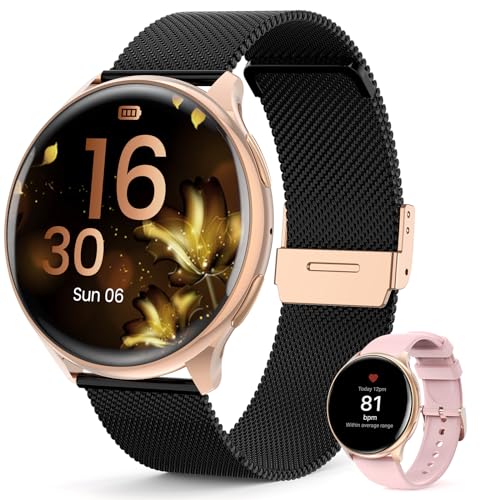 Loekneue 2024Smartwatch Damen Rund mit Telefonfunktion 1,39'' HD Touchscreen Uhr mit /SpO2/Menstruationszyklus/Schlafmonitor/IP68 Wasserdichter/Schrittzähler/Fitness/für iOS Android Schwarz Gold von Loekneue