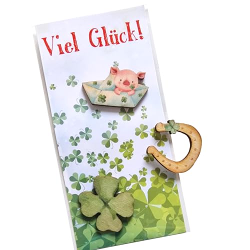 Logbuch-Verlag Glücksbringer Geschenk Karte Viel Glück mit Kleeblatt Glücksschweinchen und Hufeisen aus Holz 7,5 x 16 cm von Logbuch-Verlag