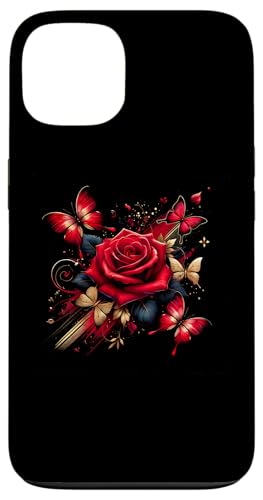 Hülle für iPhone 13 Blumenrose, botanische Kunst mit Schmetterlingen, Liebesrosen von Logia Merch Rose Patterns