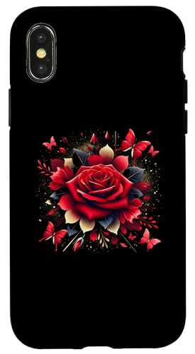 Hülle für iPhone X/XS Blumenrose, botanische Kunst mit Schmetterlingen, Liebesrosen von Logia Merch Rose Patterns