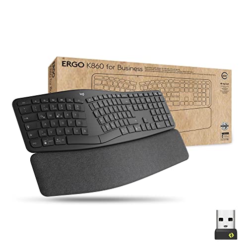 Logitech ERGO K860 for Business geteilte kabellose Tastatur – Ergonomisches Design, gesicherte Logi Bolt Technologie, Bluetooth, weltweit zertifiziert, Windows/Mac/Chrome/Linux, DEU QWERTZ - Graphit von Logitech