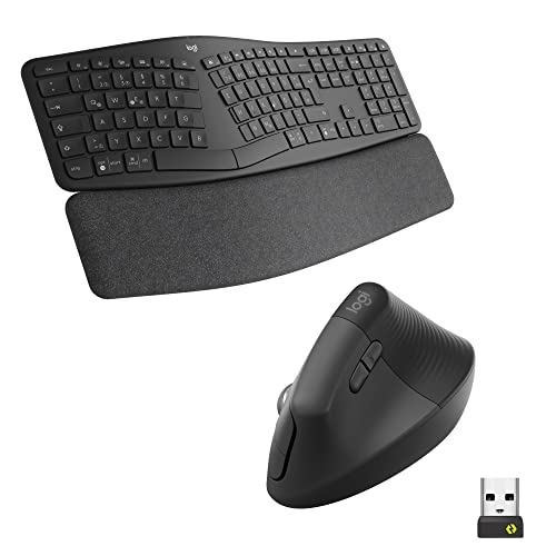 Logitech ERGO K860 geteilte kabellose Tastatur, Handgelenkauflage, Lift Maus vertikal ergonomisch, Linkshänder, Bluetooth, USB-Empfänger, leise, Windows/macOS/iPadOS, Notebook, PC, QWERTZ DEU - Grau von Logitech
