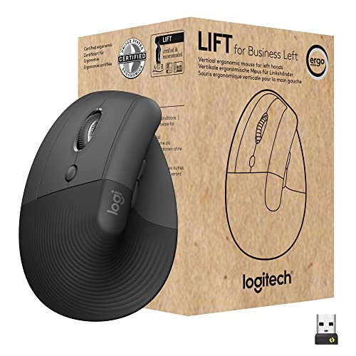 Logitech Lift for Business Left, vertikale ergonomische Maus – für Linkshänder, kabellos, Bluetooth oder gesicherter Logi Bolt USB, leise Klicks, Windows/Mac/Chrome/Linux – Grafit, Small, 910-006495 von Logitech