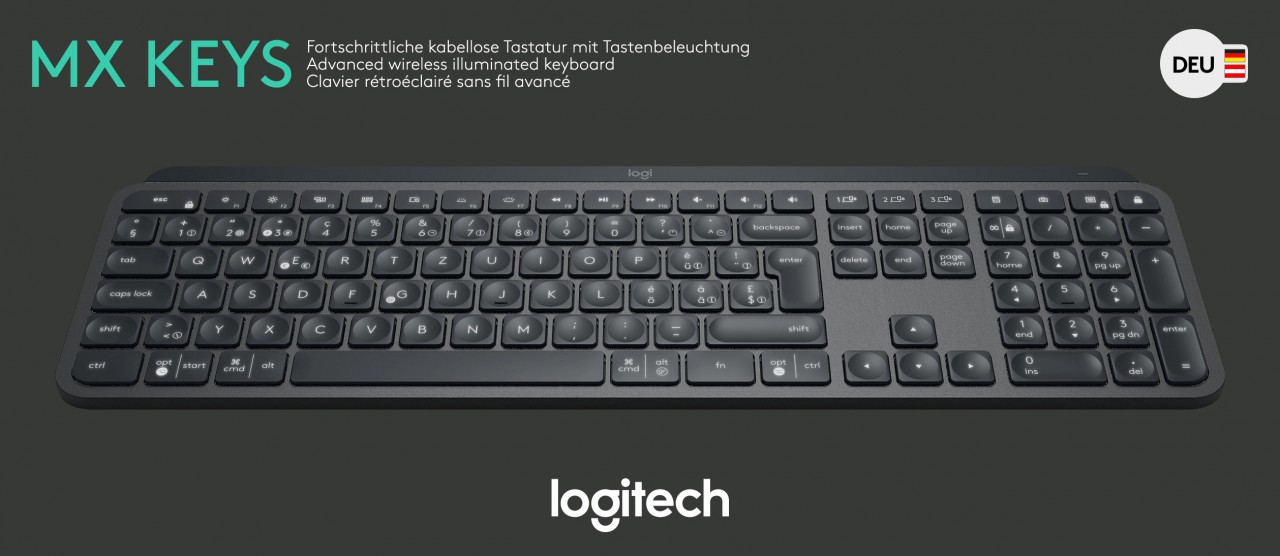 Logitech Tastatur MX Keys, Wireless, Unifying, Bluetooth, schwarz Advanced, Illuminated, DE, Retail von Logitech