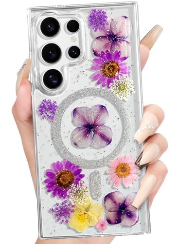 Loheckle Schutzhülle für Samsung Galaxy S24 Ultra für Frauen – kompatibel mit MagSafe Mädchen mit niedlichem Glitzer, Blume, Blumenmuster, ästhetisch, einzigartig, handgefertigt, Handyhülle für Galaxy von Loheckle