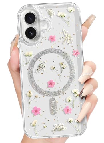 Loheckle Schutzhülle für iPhone 16, kompatibel mit MagSafe, Mädchen, niedlich, glitzernd, getrocknete Blume, mädchenhaft, ästhetisch, Kawaii-Glitzer, einzigartiges Design, handgefertigte Handyhülle von Loheckle