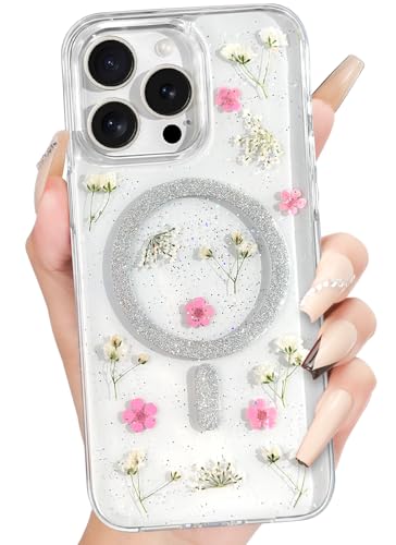 Loheckle Schutzhülle für iPhone 16 Pro, kompatibel mit MagSafe Mädchen, niedlich, glitzernd, getrocknete Blumen, Blumenmuster, ästhetisch, funkelnd, einzigartiges Design, handgefertigte Handyhülle für von Loheckle