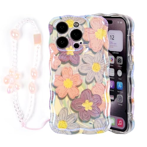 Lomzexwi HandyHülle für iPhone 15 Pro, Bunte Ölgemälde Blume HandyKette Hülle mit Laserblume Wellen Rahmenform Soft TPU Case mit Armband Ultradünne Silikon Schutzhülle Cover Bumper, Rosa von Lomzexwi