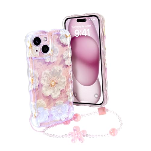 Lomzexwi Handyhülle für iPhone 16 Plus, Ölgemälde Blume Hülle Glitzer Mädchen Lockiges Wellen Rahmenform Soft TPU Case mit Armband Ultradünne Stoßfeste Schutzhülle Cover Bumper - Rosa von Lomzexwi