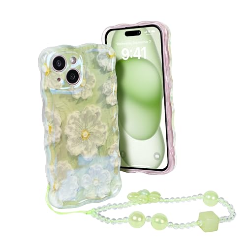 Lomzexwi Handyhülle für iPhone 14, Ölgemälde Blume Hülle Glitzer Mädchen Lockiges Wellen Rahmenform Soft TPU Case mit Armband Ultradünne Stoßfeste Schutzhülle Cover Bumper - Grün von Lomzexwi