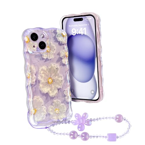 Lomzexwi Handyhülle für iPhone 15, Ölgemälde Blume Hülle Glitzer Mädchen Lockiges Wellen Rahmenform Soft TPU Case mit Armband Ultradünne Stoßfeste Schutzhülle Bumper Cover, Lila von Lomzexwi