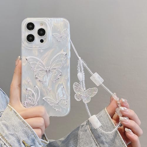 Lomzexwi Handyhülle für iPhone 15 Hülle mit Perlen Armband, Federgarn Schmetterling Blume Design Aesthetic Frauen Mädchen Glitzer Kristall mit Chain TPU Case für iPhone 15 von Lomzexwi