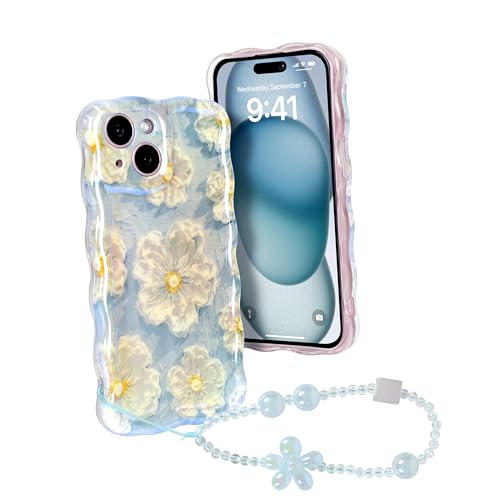 Lomzexwi Handyhülle für iPhone 15 Pro, Ölgemälde Blume Hülle Glitzer Mädchen Lockiges Wellen Rahmenform Soft TPU Case mit Armband Ultradünne Stoßfeste Schutzhülle Cover Bumper - Blau von Lomzexwi