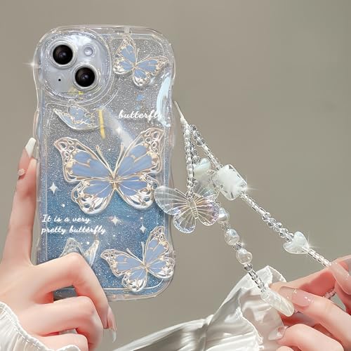 Lomzexwi Handyhülle für iPhone 15 Welle Hülle mit Perlen Armband, Schmetterling Blume Design Frauen Mädchen Kristall mit Süßes Chain Case für iPhone 15, Gradient Glitter Blau Papierstau von Lomzexwi