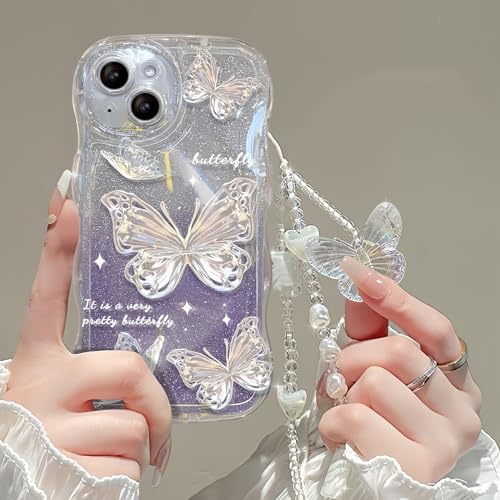 Lomzexwi Hülle für iPhone 16 Pro Welle Handyülle mit Perlen Armband, Schmetterling Blume Design Frauen Mädchen Kristall mit Süßes Chain Case für iPhone 16 Pro, Gradient Glitter Violett Papierstau von Lomzexwi