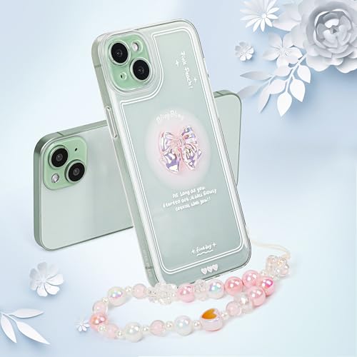 Lomzexwi Hülle für iPhone 15 Plus Handyülle mit Perlen Armband, Schmetterling Blume Design Frauen Mädchen Glitzer Kristall mit Süßes Chain TPU Case für iPhone 15 Plus, 3D Rosa Schleife von Lomzexwi