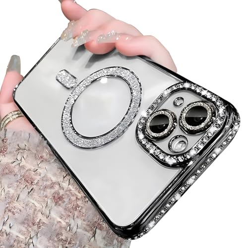 Lomzexwi Hülle für iPhone 15 Pro, Magnetische Rhinestone Handyhülle für Mädchen Frauen Bling Durchsichtig Silikon Schutzhülle Stoßfest Bumper Cover Kratzfest Luxus Case für iPhone 15 Pro, Schwarz von Lomzexwi