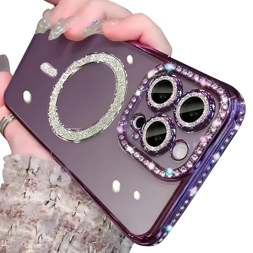 Lomzexwi Hülle für iPhone 15 Pro, Magnetische Rhinestone Handyhülle für Mädchen Frauen Bling Durchsichtig Silikon Schutzhülle Stoßfest Bumper Cover Kratzfest Luxus Case für iPhone 15 Pro, Violett von Lomzexwi