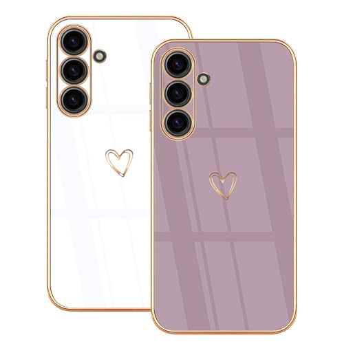 Lonrapa 2 Stück Hülle für Samsung Galaxy A16 5G Handyhülle Süße Herz Muster Motiv für Mädchen Frauen Farbe Galvanisierte TPU Silikon Stoßfest Schutzhülle Galaxy A16 4G Phone Case Cover - Weiß & Lila von Lonrapa